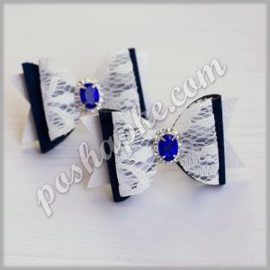 Банты школа синий бархат с белым кружевом